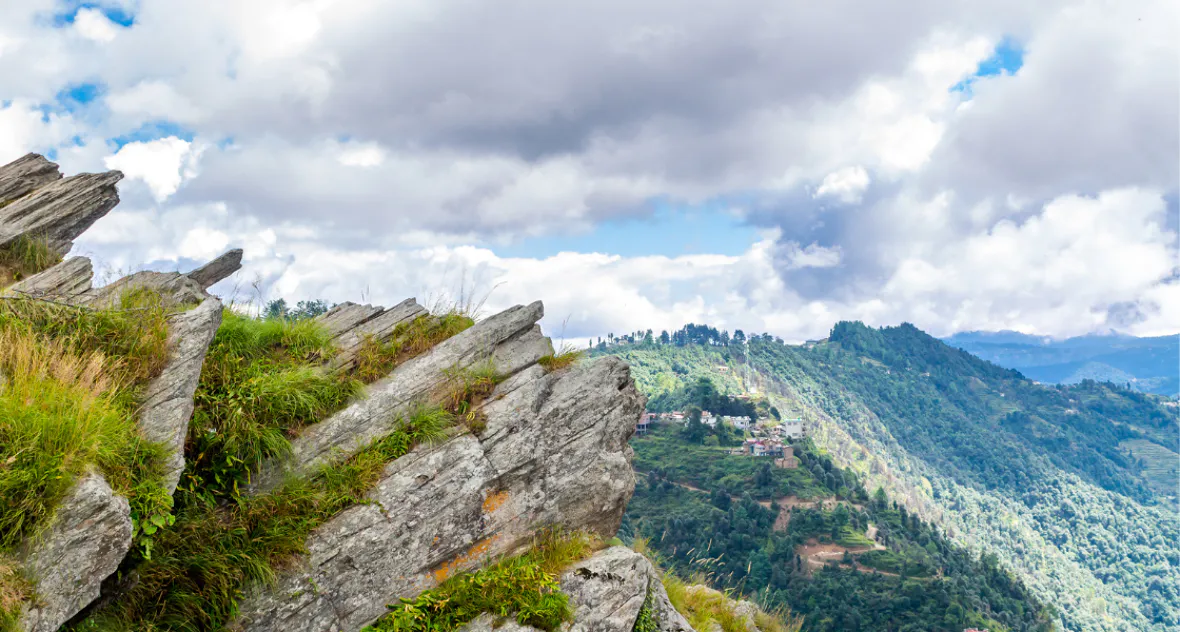 Mukteshwar panoramic Himalayan snow peaks and apple orchards